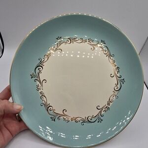 Vtg Homer Laughlin Lifetime China Gold Crown Dinner Plate 10" Turquoise